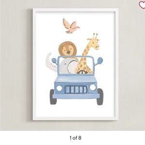 Pottery Barn (Minted) - Nursery Print- Blue Jeep w/ Safari Animals - NEW - 18x24